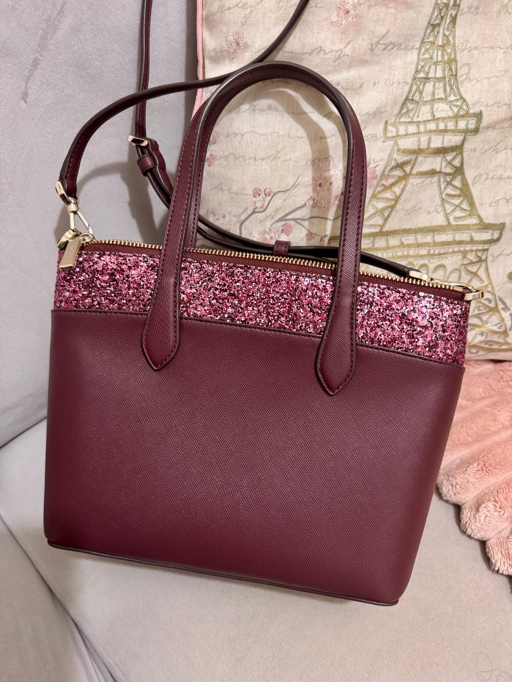 kate spade burgundy tote with pink glitter trim